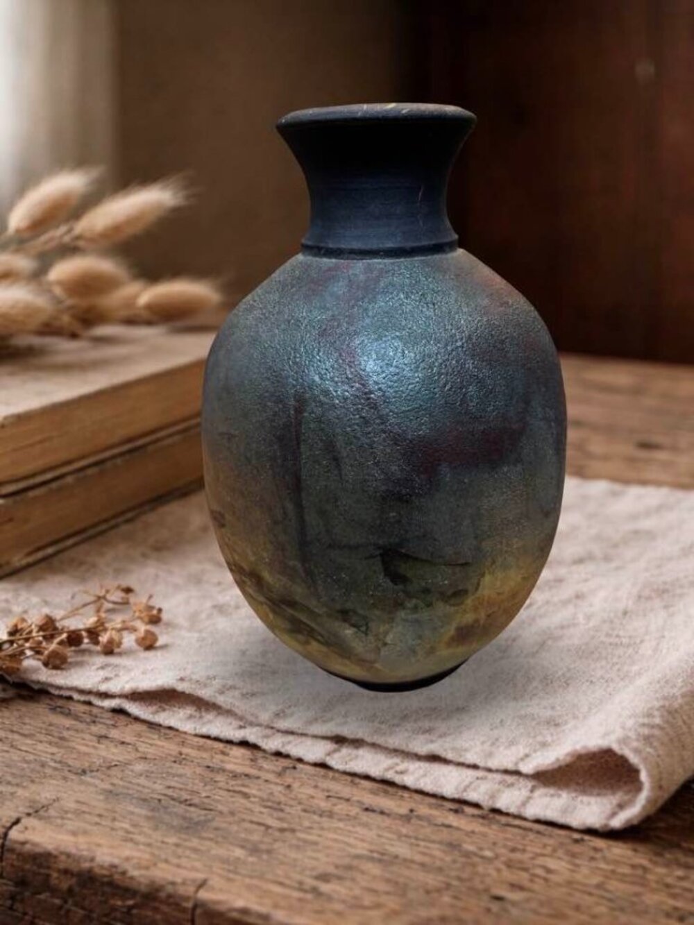 Handcrafted Raku Pottery Vase With Multicolor Iridescent Finish Unique Wabi Sabi - Picture 4 of 13